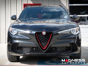 Alfa Romeo Stelvio Front V Shield Grill Frame + Emblem Frame Kit - Carbon Fiber - QV Model - Red Candy